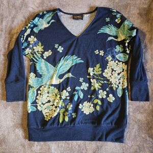 Bob Mackie wearable art Sweater, Sz Small, Navy Floral, Bird, Longsleeve